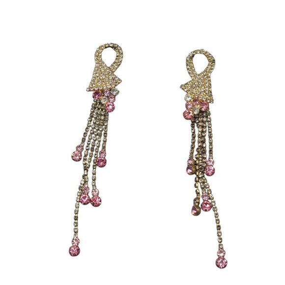 Dangling Rhinestone Post Earrings Pierced Ears Gold Tone Pink Clear Stones 4.5" - Picture 1 of 16